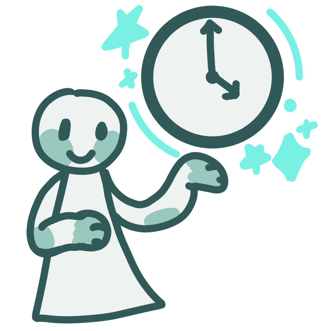 a teal and white person pointing to themselves while holding a clock. The clock is surrounded by teal curves and sparkles